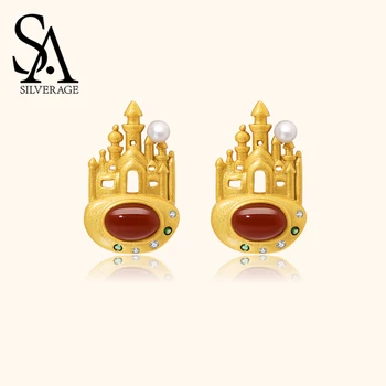 

SA SILVERAGE Red Agate Earrings 925 Sterling Silver New Tide Pearls Original Design Sterling Silver Earrings 2020 Elegant Retro