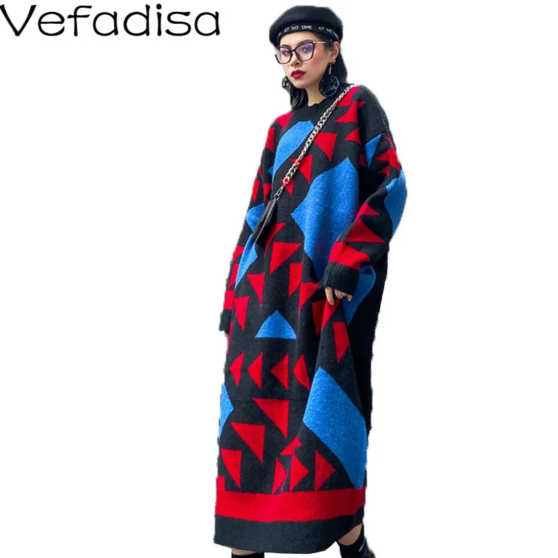 Vefadisa Geometry Pattern Sweater Dress Woman 2019 Winter Pullovers Knitting Loose O-Neck Casual QYF1390 | Женская одежда