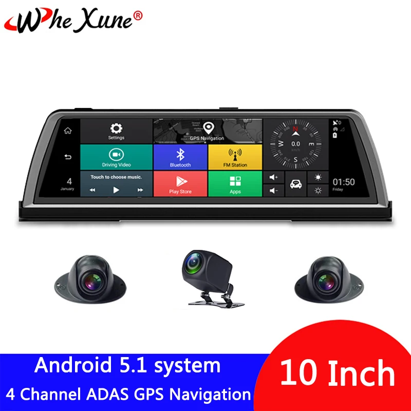 WHEXUNE 1" Full HD 1080P 4G 4 канала ADAS Android 5,1 Автомобильный видеорегистратор Dashcam центральная консоль зеркало gps WiFi задний объектив видео рекордер