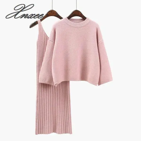 

2019 Autumn Womans Sweater + Straped Dress Sets Solid Color Female Casual Two-Pieces Suits Loose Sweater Knit Mini Dress Winter