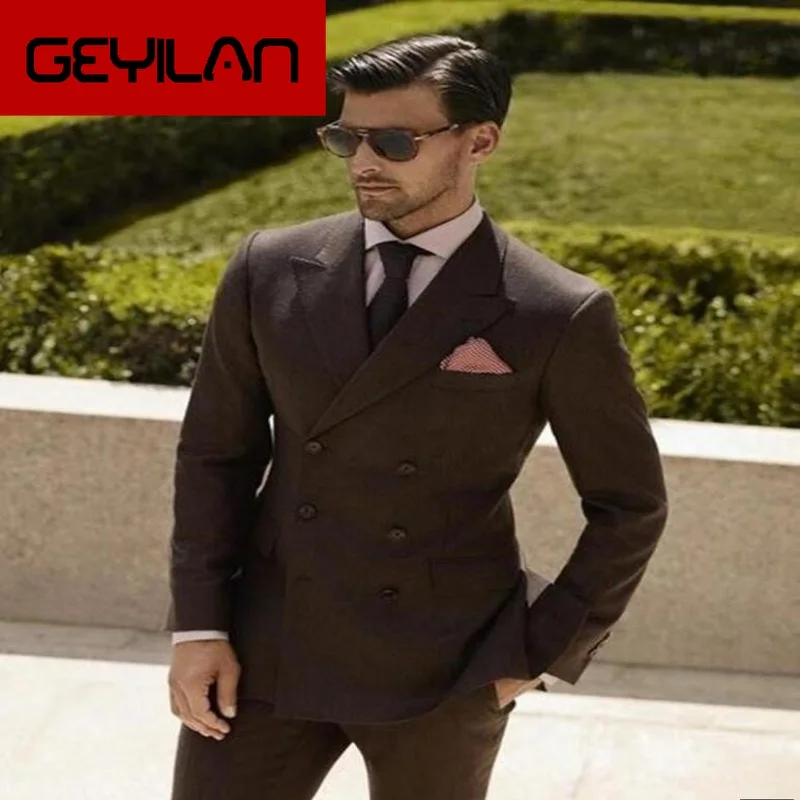 

Double Breasted Brown Wedding Suits 2 Pieces Mens Suits Slim Fit (Jacket+Pants) Groom Tuxedos Groomsman Suits Business Suit