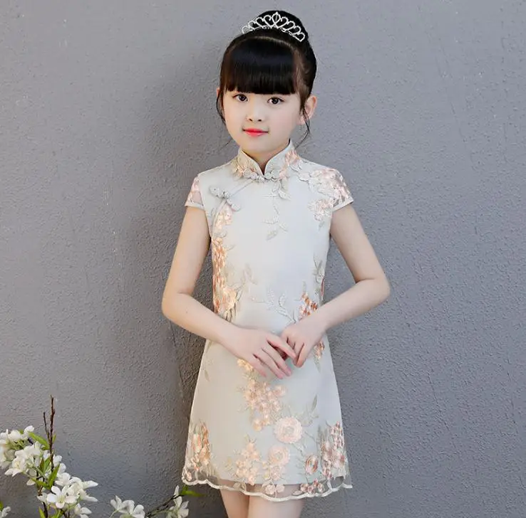 Летняя Детская кружевная одежда с вышивкой, Qipao Vestidos, китайское кружевное платье для девочек cheong-sam повседневные платья для маленьких девочек - Цвет: 3