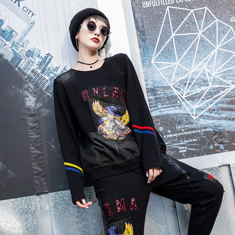 SOUL OF TIGER, корейская мода, женские хлопковые футболки в стиле панк, женские джинсовые Лоскутные футболки, зимние плотные Теплые Топы с принтом