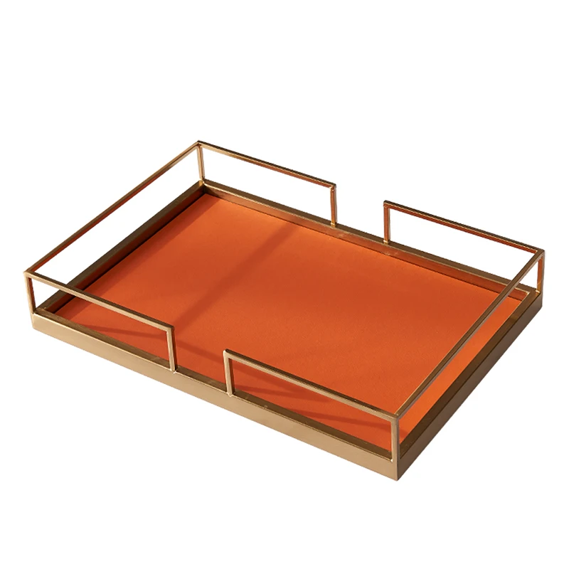 European Modern Simple Accents Home Tabletop Rectangle Shape Orange Leather Storage Tray With Gold Plating Metal Standing Way 5