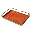 European Modern Simple Accents Home Tabletop Rectangle Shape Orange Leather Storage Tray With Gold Plating Metal Standing Way 5