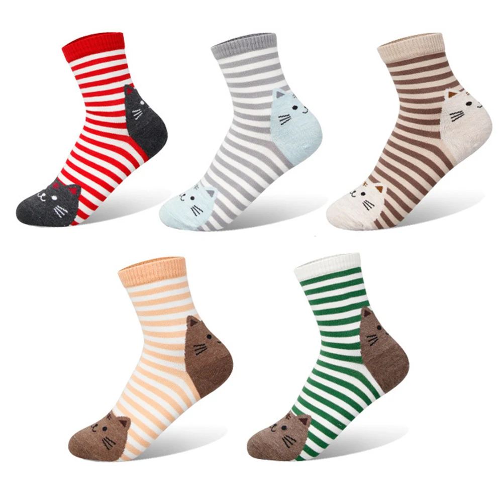 5pcs Women Cat Stripes Mid-calf Length Socks Breathable Cotton Anti-slip Socks Adult Soft Casual Animal Print Socks