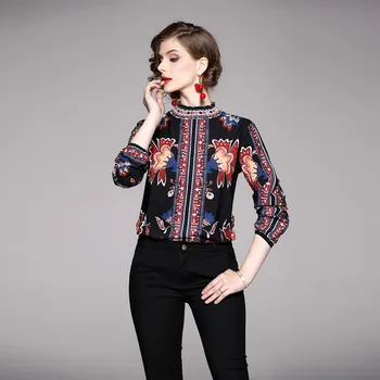 

Willstage printing long sleeve shirts floral pattern blouse women elegant vintage shirt o neck round 2020 Autumn Female clothes