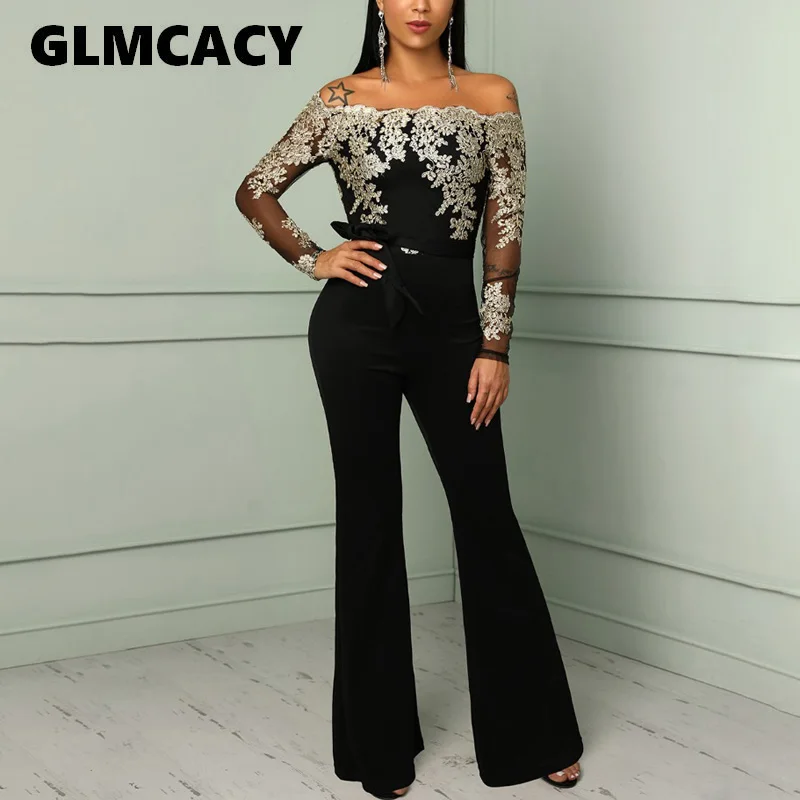 

Women Elegant Sexy Patchwork Party Belted Mesh Splicing Romper Floral Embroidery Off Shoulder Slash Neck Wide Leg Jumpsuit