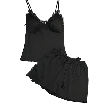 

Women Ladies Nightwear Set Sleepwear With Pad Two-piece Suit V Neck Pajamas Strappy Silk Shorts Sexy