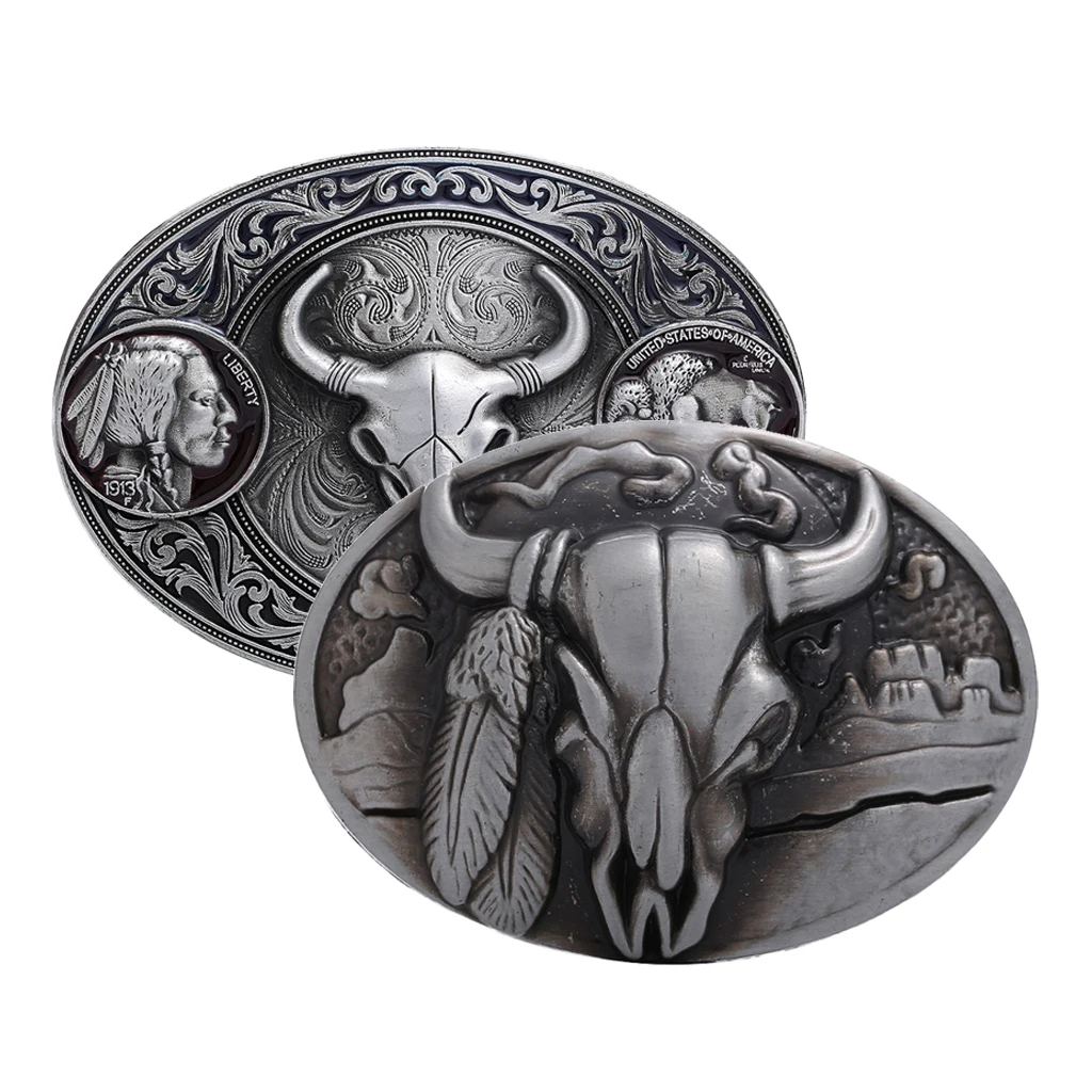 Western Belt Buckle Replacement - Engraved Bull Head - Oval Cowboy Belt Buckle