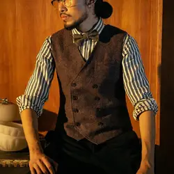 Men's Vests Wool Tweed Vest Herringbone Waistcoat Double Breasted Slim Fit Wedding Groom Costume For Business Casual Men
