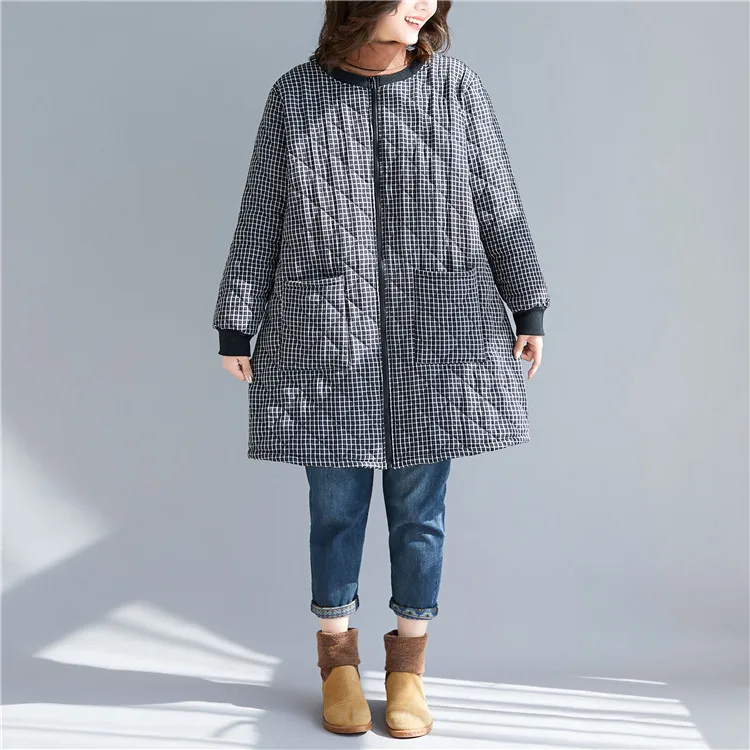 Большой размер 4XL, Осень-зима, Женская Модная элегантная клетчатая верхняя одежда, топы для девушек и женщин, большие, длинные, свободные, на молнии, куртка, пальто