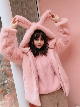 

Winter Coat Women 2019 new sweet plush rabbit ears cute hooded thick Faux Fur Coat imitation Rex Rabbit Fur fur coat