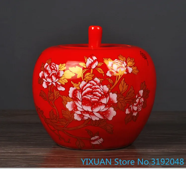 

Ceramic jar Chinese Red Peony room decoration storage jar porcelain red ornament