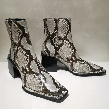 

Snakeskin Woman Ankle Boots Sexy Square Toe Luxury Design Chunky High Heels Short Boots Back Zipper 2020 NewFashion Real Leather