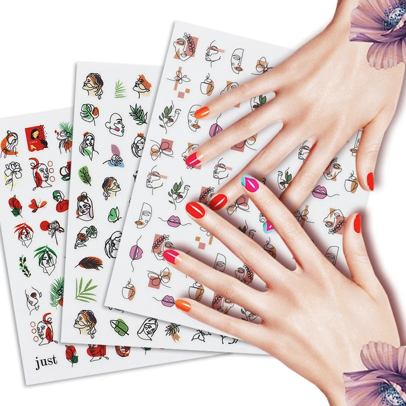 

Hot Sale 3D Nail Sticker Lady Face Geometric Stickers for Nail Abstract Image Design Nails Accessories Manicure Sticker
