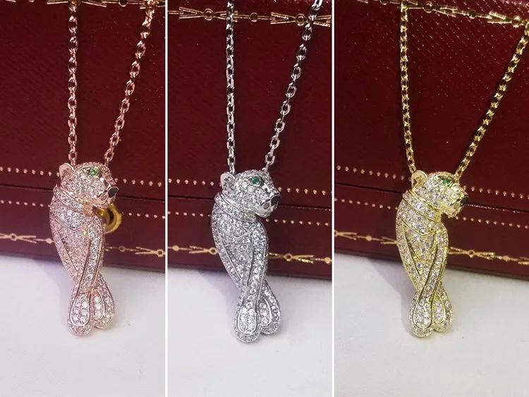 

Hot designer full of zircon panther pendant with green eyes three colors leopard necklace rose gold silver gold luxury brand