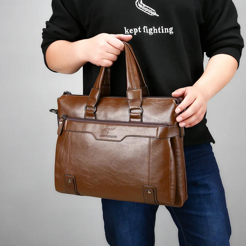 

Men's Bag Double Layer Design Handbag Men's Business Casual Large-Volume Cross Business Trip Briefcase Shoulder MEN'S Leather Ba