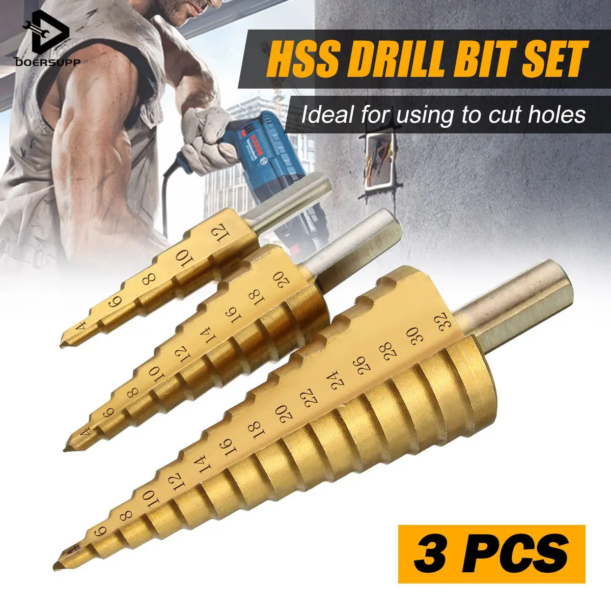 3Pcs HSS Steel Large Step Drill Bit Set 4-12/20/32mm Cone Titanium Coated Metal Drilling Cut Tool H