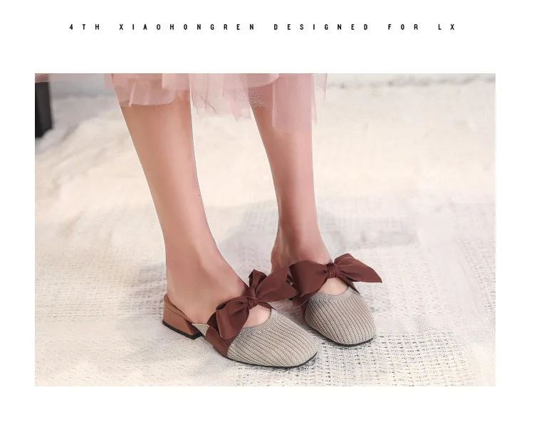 knitting square close chunky mules slides trendy casual bow-knot shallow slingback loafers breathable fly weave slippers autumn