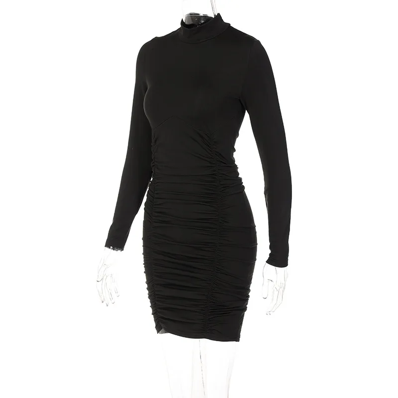 Girlfairy Black Ruched Mini Women Bodycon Dress Long Sleeve Autumn Win