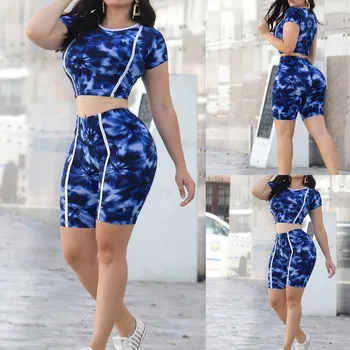 

Women Set Summer Tie Dye Short Sleeve Hoodies Hat Loose And Biker Short Casual Two Piece Set For Women Outfits Tracksuits #z
