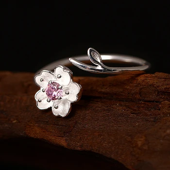 

925 Sterling Silver Flower Setting Pink Zircon Ring Romantic Cherry Tree Branch Open Ring Women Party Trendy Ring 2019