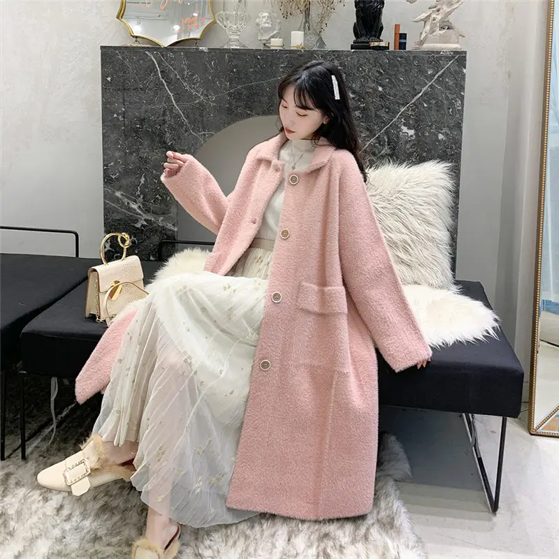 pink Шерстяное Женское пальто, новинка, Осень-зима, модное, из искусственного меха норки, утолщенное, длинное, повседневное, свободное, негабаритное, зимняя куртка f2484 - Цвет: pink