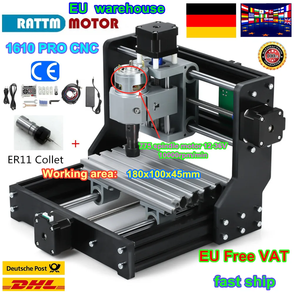 EU Free VAT GRBL control DIY mini CNC machine 1610Pro CNC working area 180x100x45mm 3 Axis Pcb Milling machineWood Router