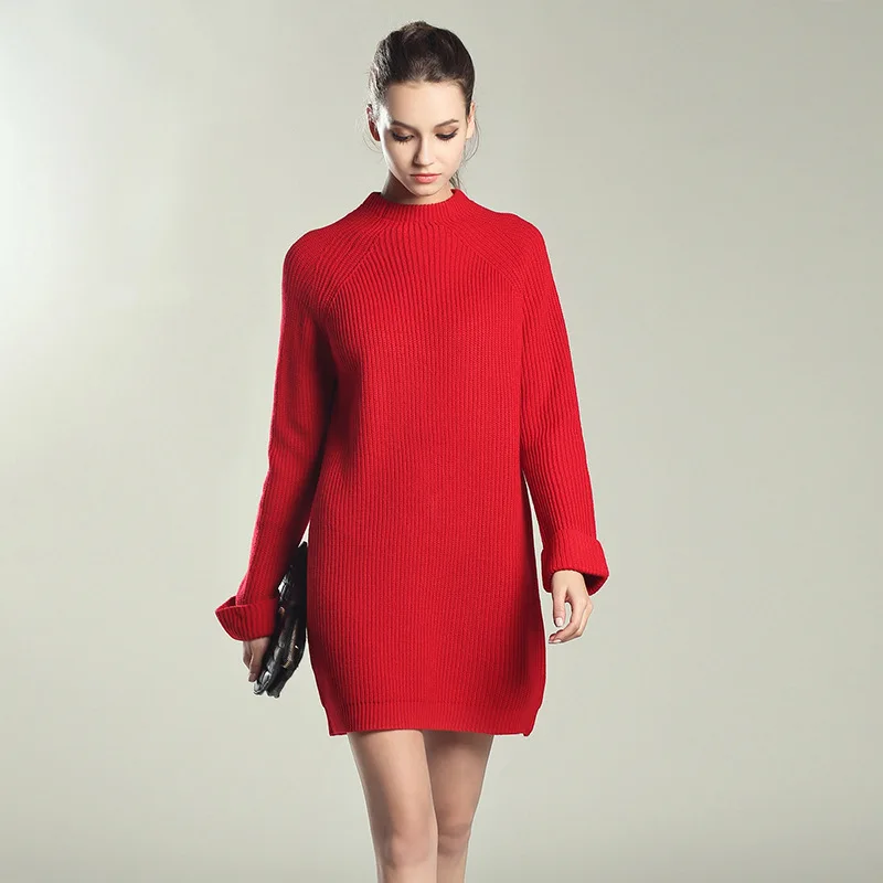 MY0023Red UGREVZ осенне-зимний однотонный вязаный хлопковый свитер платья женские модные свободные пуловер с круглым вырезом женское трикотажное платье - Цвет: MY0023Red