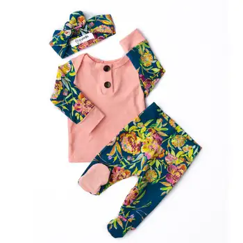 

Kids Clothes Newborn Toddler Baby Girls Tops Pink Button Blouse + Floral Print Trousers Long Pants Infant Casual Outfit 2pcs set