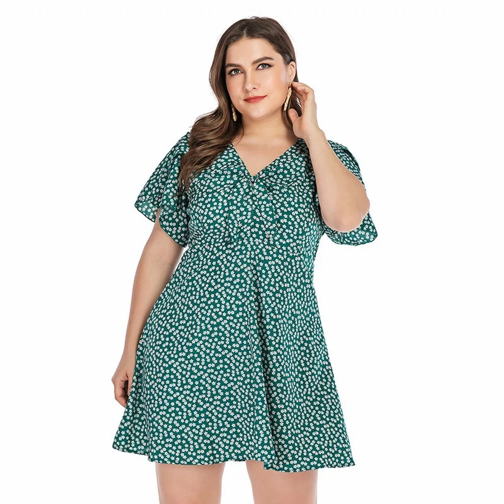 

New Printed Women Plus Big Size Short Sleeve Summer Dress Green Oversized Floral Print A-Line Party Dresses