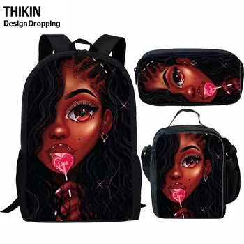 

THIKIN 3PCS/Set Cartoon Black Girl Kids School Bag African Girls Backpack for Girls Boys Children Book Bag Cute Pencil Case