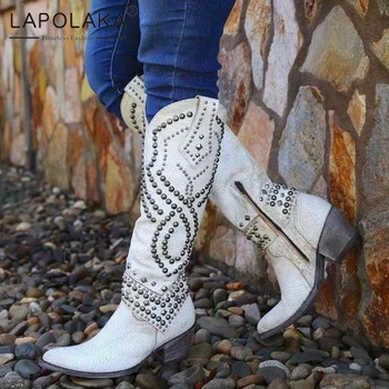 

Lapolaka New Fashion European Retro Women's Boots Fashion Popular British Style Cone-Shaped Heel Zipper Knee High Boots