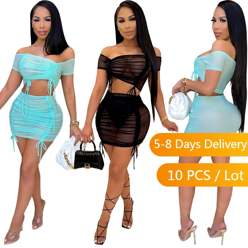 

Wholesale Items Sheer Mesh Sexy 2 Piece Set Women Summer Party Club Ruched Bandage Matching Sets Crop Top and Mini Skirt Set
