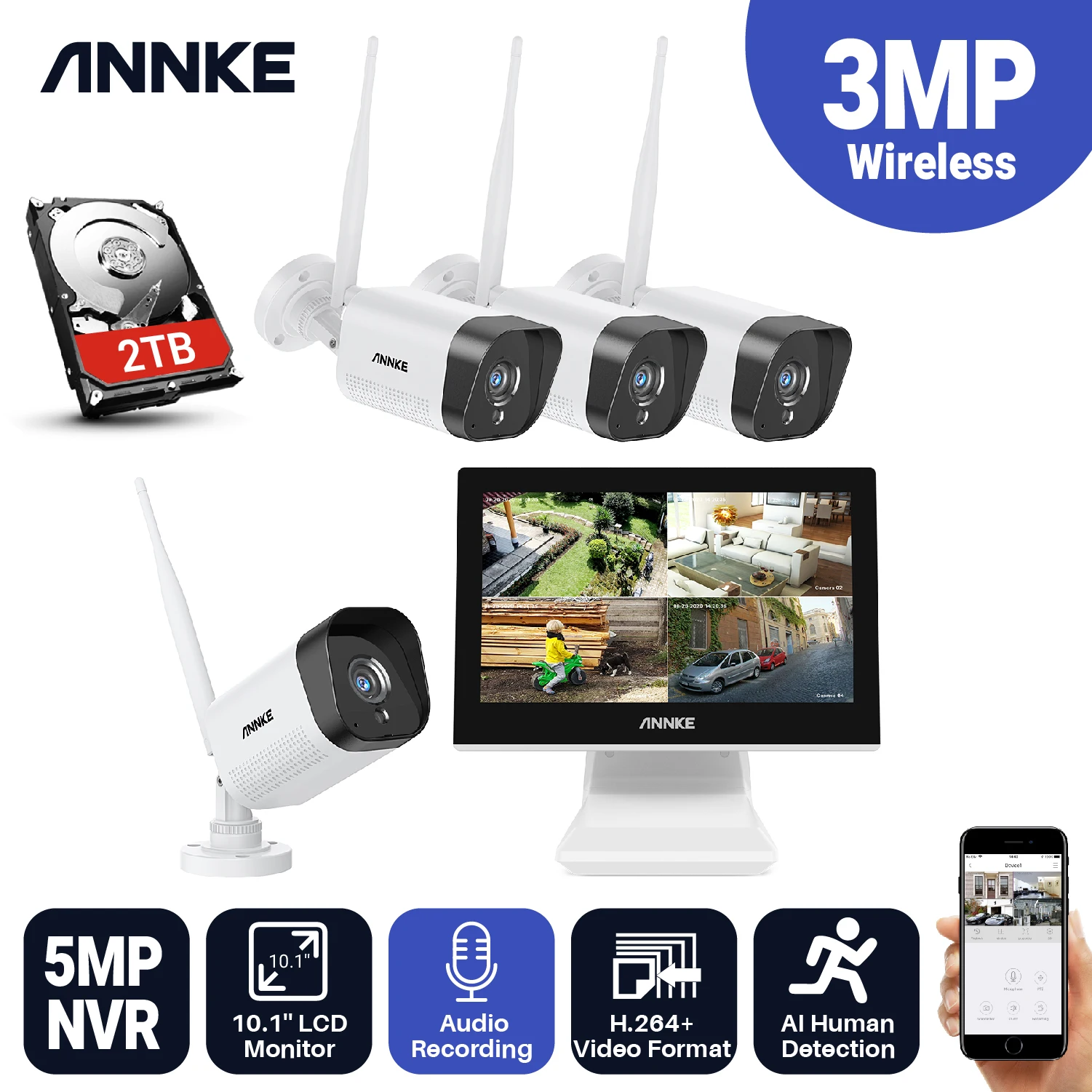ANNKE 4CH 3MP FHD Беспроводная система видеонаблюдения 10-дюймовый ЖК-экран NVR 4 шт. 2MP Пуля