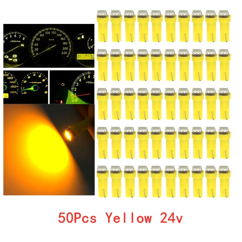 

50Pcs T5 5050 1SMD 24V Yellow Blubs Wedge Dashboard LED Lights Bulbs Car Lnstrument Indicator AC Lamp Auto Interior Accessories