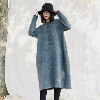 

2019 Retro Knitted Dress Winter New Loose Wild Solid Color Round Neck Mid-length sweater Dress Women PC338