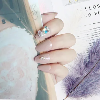 

3D Glitter Crystal 24pcs Sweet Nude Color False Nail Tips Women Manicure Full Pre Design DIY Artificial Nail Patches with Glue