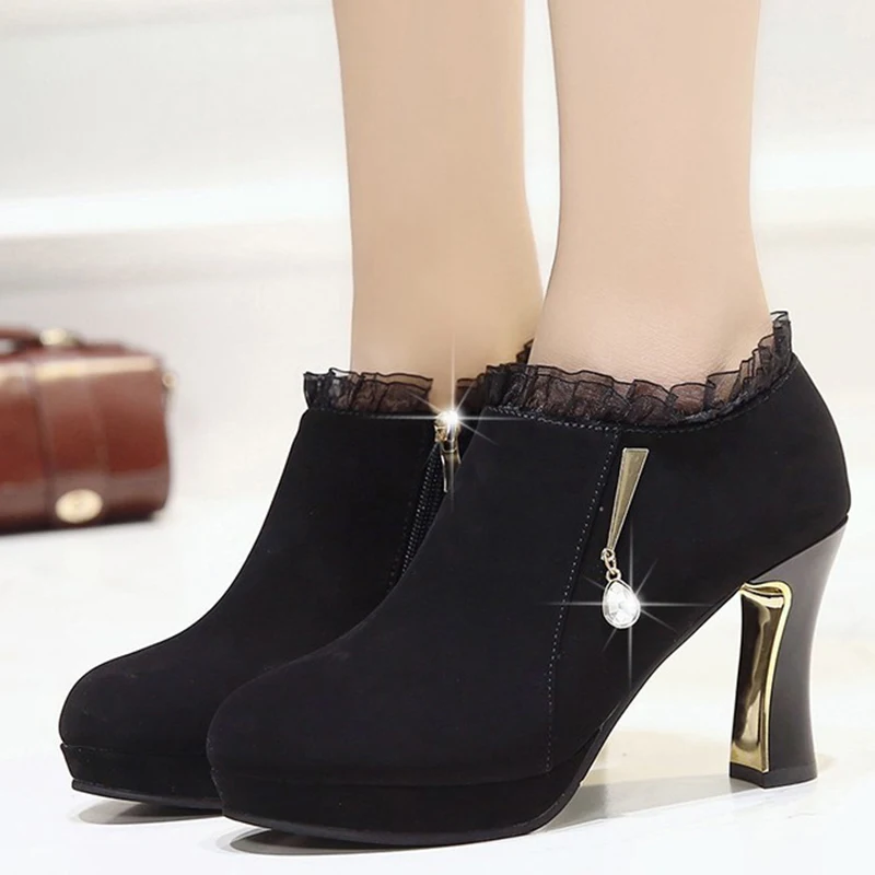 

Rimocy Womens Chunky Square High Heels Ankle Boots Shiny Metal Crystal Platform Zapatos De Mujer Fashion Lace Winter Shoes Woman
