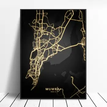 

Mumbai New Delhi India Black and gold Canvas Wall Art Map Poster