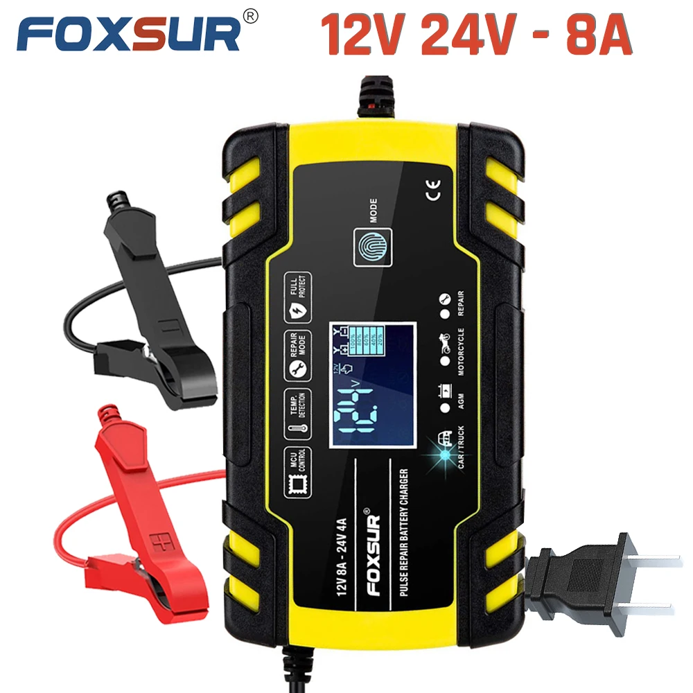 FOXSUR 12V-24V 8A Car Battery Charger Automotive Intelligent AGM GEL SLA WET Pulse Repair Motorcycle Batteries With LCD Display |
