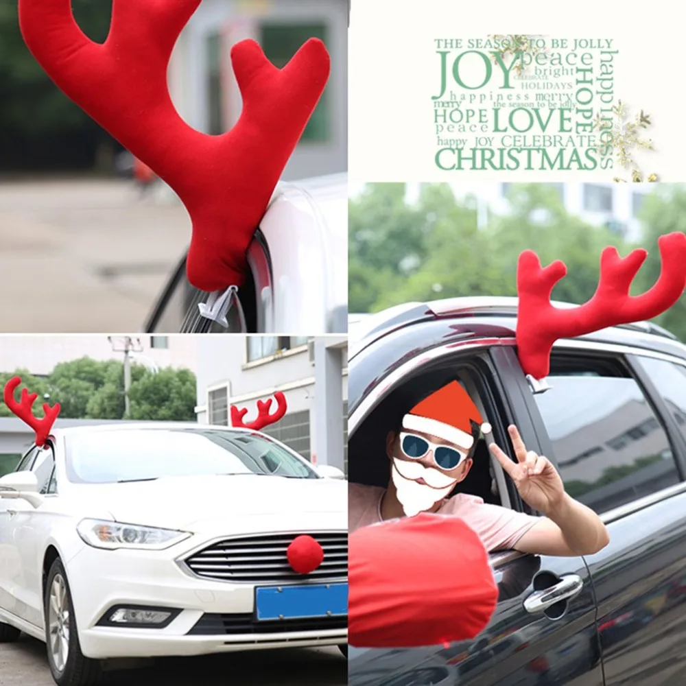 New Design Creative Christmas Auto Car Costume Decoration Full Set with 2 Antlers 1 Reindeer Nose 2 Mirrow Covers Dropshipping