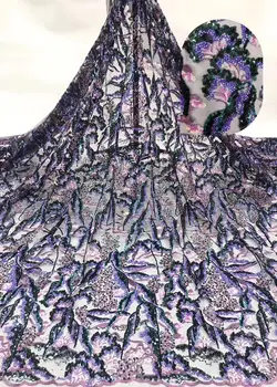 

New Blue Gold African Lace Fabric 2019 French Cord Lace Fabric Embroidered Nigerian Tulle Lace Fabric with Sequins for Wedding