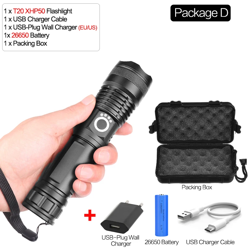 Package D XHP90 самый мощный светодиодный фонарик XLamp 18650 26650 Zoom Torch XHP70.2 USB Перезаряжаемый тактический фонарь для кемпинга охота лампа - Испускаемый цвет: Package D