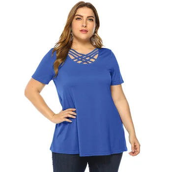 

2019 Spring and Summer New Large Size Women's Vintage Cross Bandwidth Loose Short Sleeve Casual Tops Female T-shirts