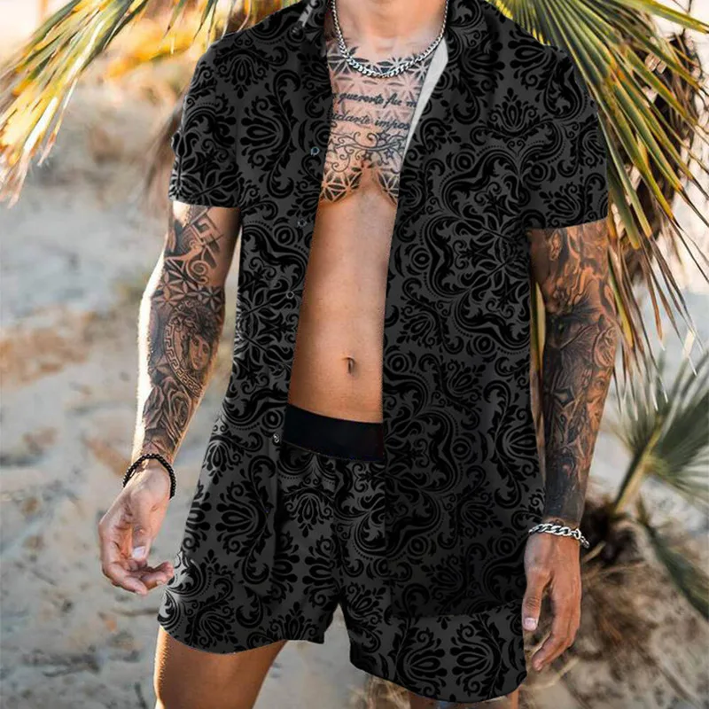 Men's Summer Fast Dry Casual Loose Fashion Hawaiian Beach Style Black Print Shorts Short Sleeve Cardigan Lapel Shirt Suit