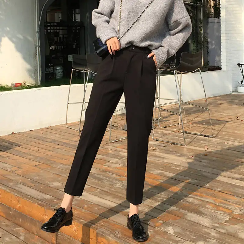 Осень-зима, женские шаровары в Корейском стиле, шерстяные брюки с высокой талией, женские длинные штаны, большие размеры 3XL - Цвет: Черный