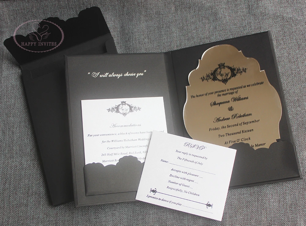 HI1156-09 Custom Black & White Hardcover  Wedding Card with Silver Foil and Acrylic Invitation with Black Letters Made in China