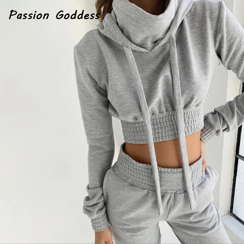 

Two Piece Gray Tracksuits Women Set Turtleneck Sweatshirts Hoodies High Waist Sweatpants Loose Outcoats Jogger Casual Sweatsuits
